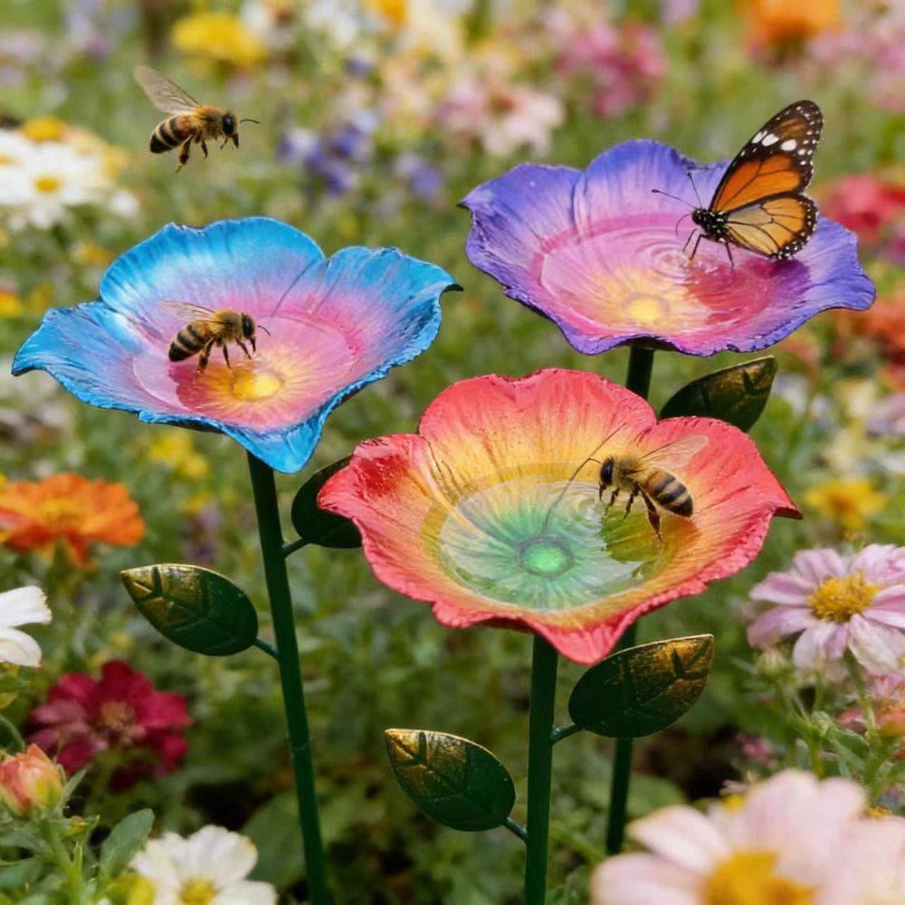 Metal Bee Watering Station Flower Design Bird Bath Stand Bee Water Feeder Pollinator Friendly