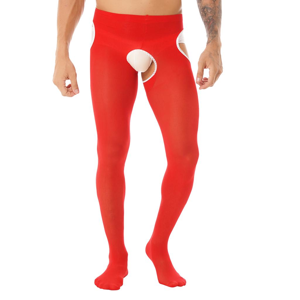 Мужские колготки с кружевной отделкой, длинные брюки с открытой промежностью, колготки, леггинсы