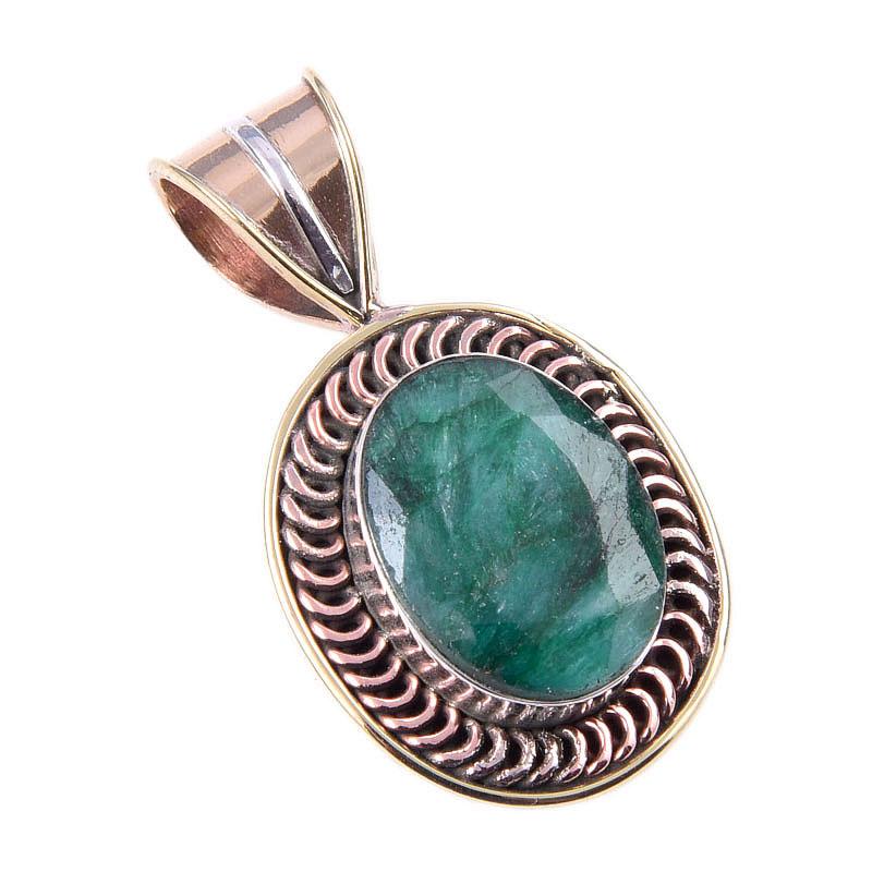 Emerald(Simulated) Handmade 925 Sterling Silver Gift Two Tone Pendant 1.25" W3Q66