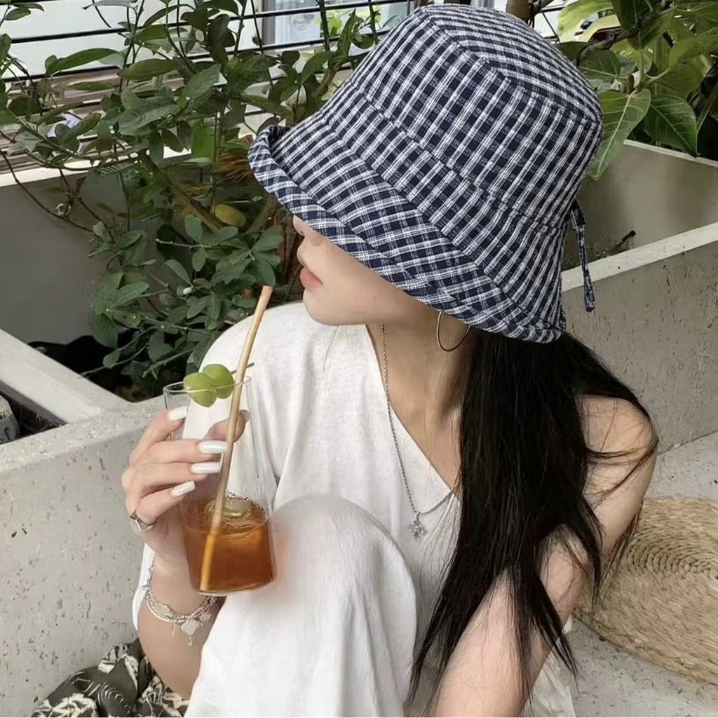 Spring and summer new plaid bow sunshade fisherman hat children outdoor big eaves show small face versatile sunscreen hat basin hat