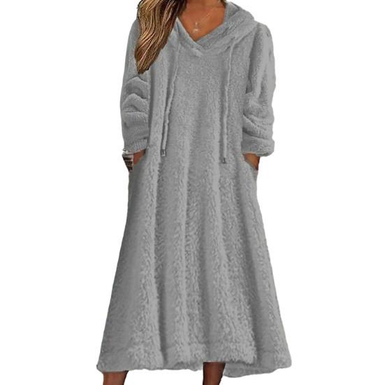 Women Fuzzy Fleece Midi Dress Long Sleeve Warm Plush Dress Hooded Drawstring Sweatshirt Dress with Pockets