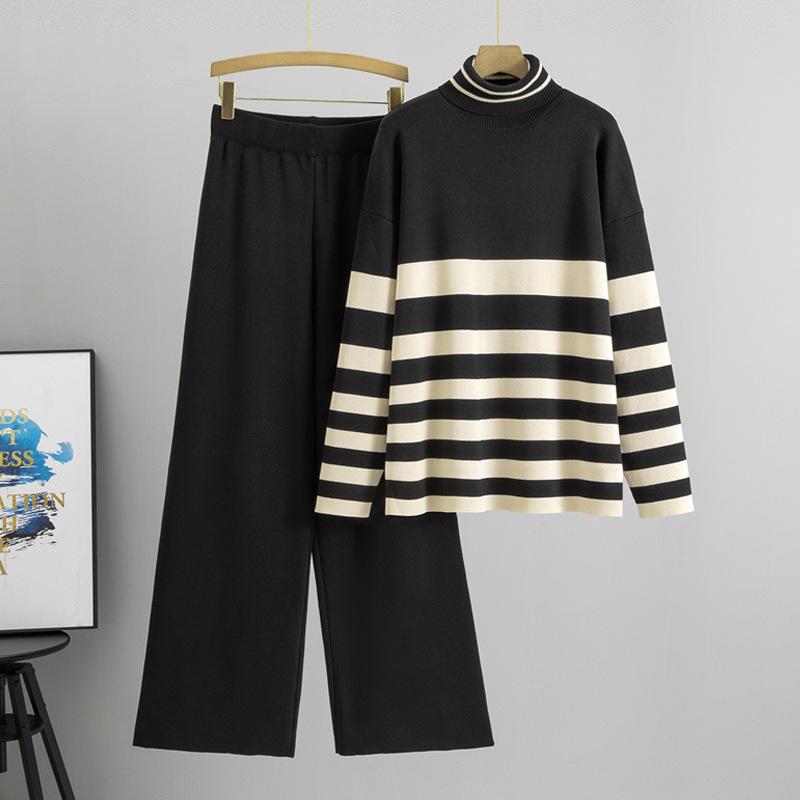 Плюс размер женский весенний новый водолазка свободный повседневный модный полосатый трикотажный костюм из двух частей