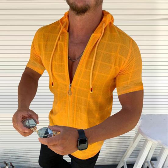 Мужская футболка с капюшоном, короткими рукавами, клетчатая футболка на молнии, повседневный тонкий летний топ для спорта, отдыха на природе, пляжа