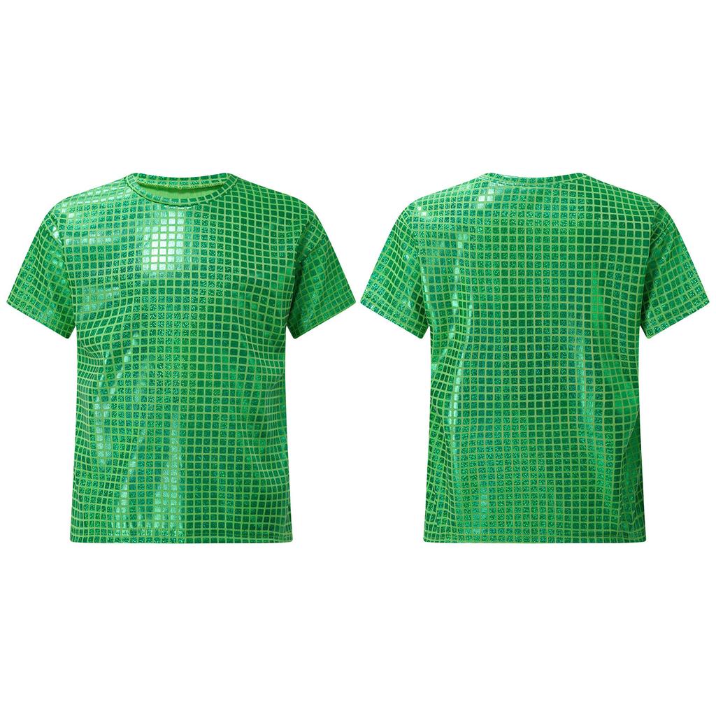 Мальчики Девочки Блестящая Клетчатая Футболка Унисекс Детские Футболки с Коротким Рукавом Топы Чирлидинг Уличные Танцы Хор Сценическое Выступление