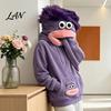 Unisex Casual Sweatshirt Big Mouth Creature Flannel Hoodie with Comb, Men Women Oversized Hooded Long Sleeve Sweatshirt, Thickened Plush Pullover Top