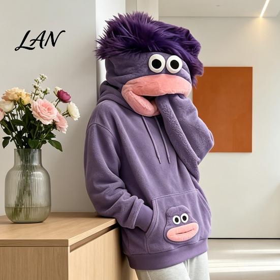 Unisex Casual Sweatshirt Big Mouth Creature Flannel Hoodie with Comb, Men Women Oversized Hooded Long Sleeve Sweatshirt, Thickened Plush Pullover Top