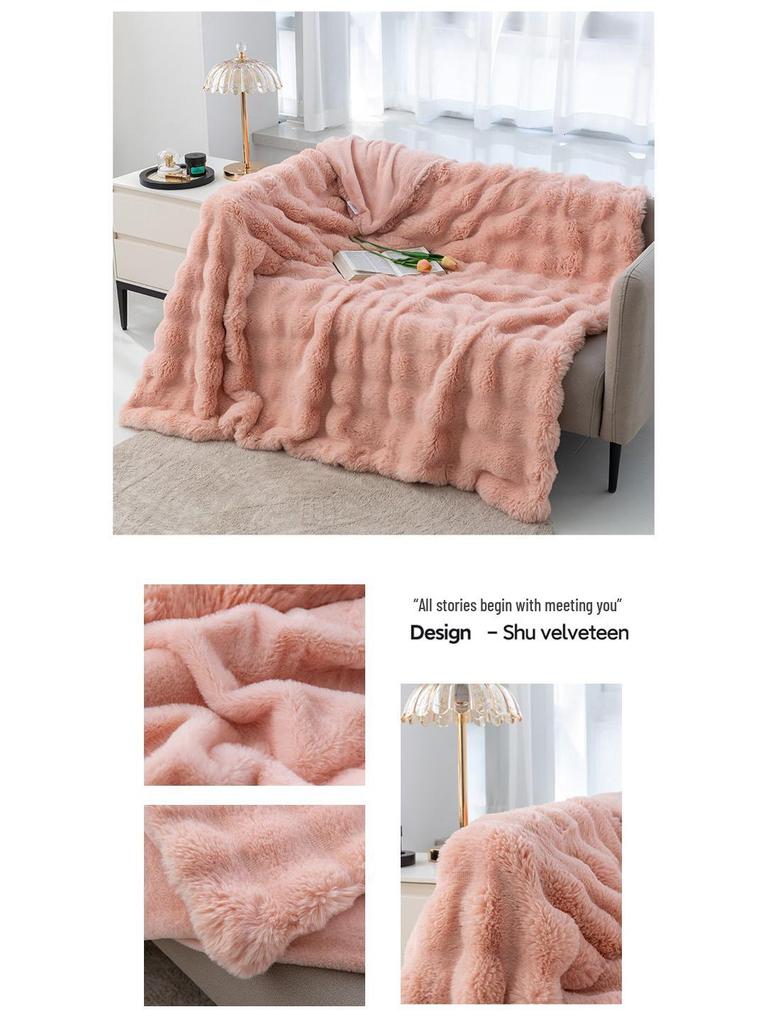 Tuscany Bubble Rabbit Fur Flannel Nap Blanket - Cozy Four-Season Coral Fleece Cover