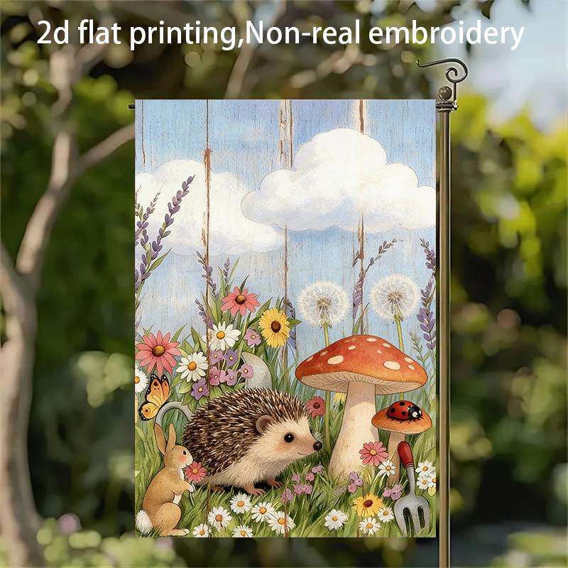 2D Flat - 2D Flat - 1pc, 2D Flat Printing, Cartoon Hedgehog Rabbit Mushroom Garden Flag, Material, Multiple Sizes Available, Machine Washable for Outd