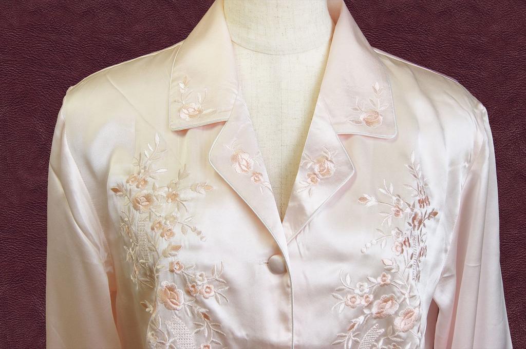 Silk Long Open Floral Baby Pink [Yumekairou] Women's Pajamas, Sleeves, Front, 100% Silk, Embroidery, L,