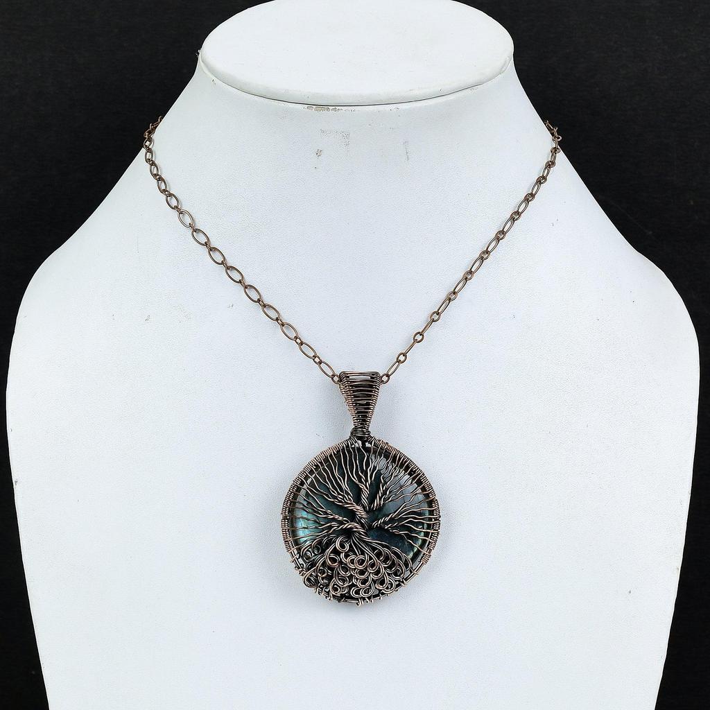 Tree Of Life Labradorite Pendant, Handmade Gemstone 999 Copper Wire Wrapped Pendant Antique Jewelry, For Gift Silver Jewelry