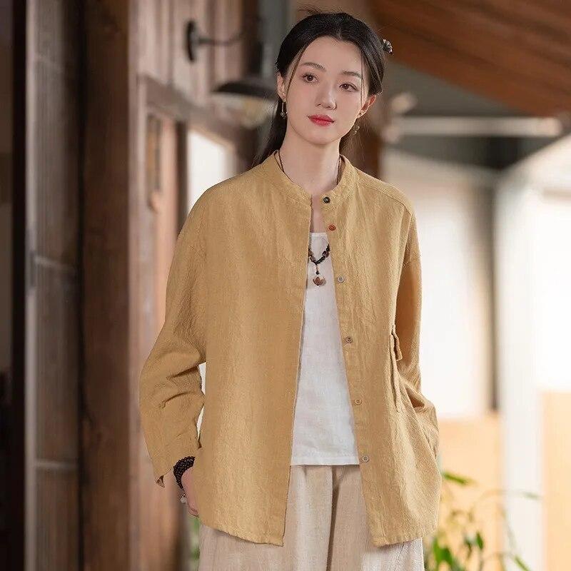 Johnature Женские винтажные рубашки, топы с длинным рукавом, весенние блузки на пуговицах, лоскутные карманы, однотонные рубашки