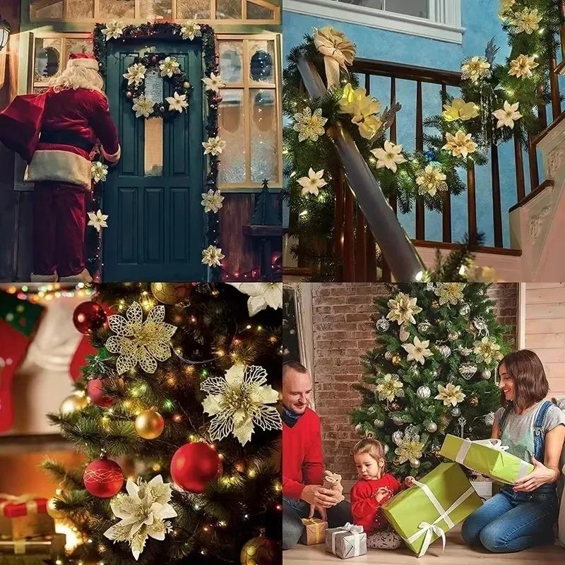 Christmas Glitter Artificial Flowers Floral Silk Fake Flower with Clips for Xmas Tree Hanging Ornaments New Year Gift Home Decor