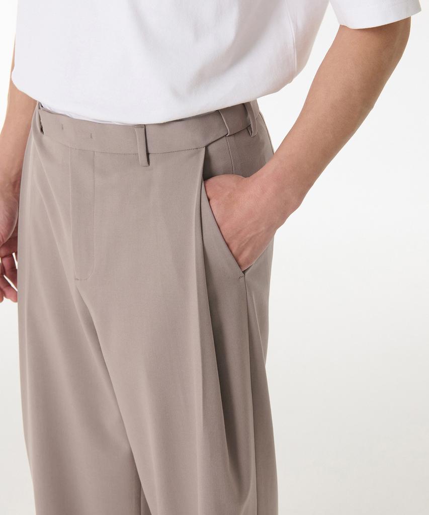 MUSINSA STANDARD Deep Tuck Overlap Wide Hidden Elastic Waist Slacks [Grayish Beige]