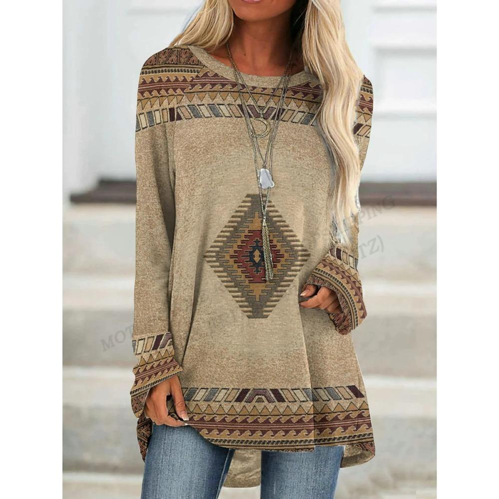 Этническая футболка с 3d принтом, женские модные футболки, повседневные топы с длинными рукавами, футболки с графическим принтом, свободные винтажные футболки в стиле Харадзюку