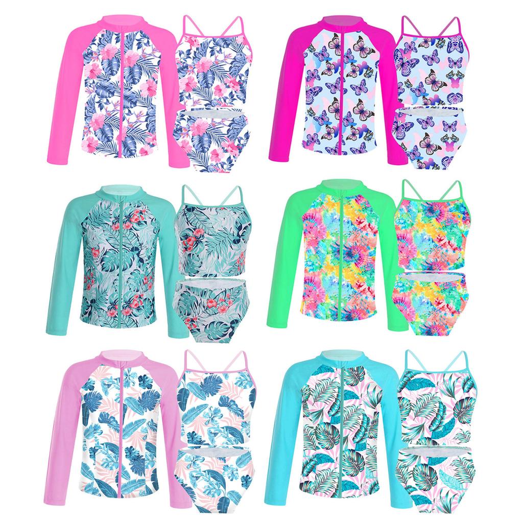 3pcs Kids Girls Swimsuit Sun Protection Rash Guard Shirt Bathing Suit Long Sleeves Coat with Vest Top and Briefs