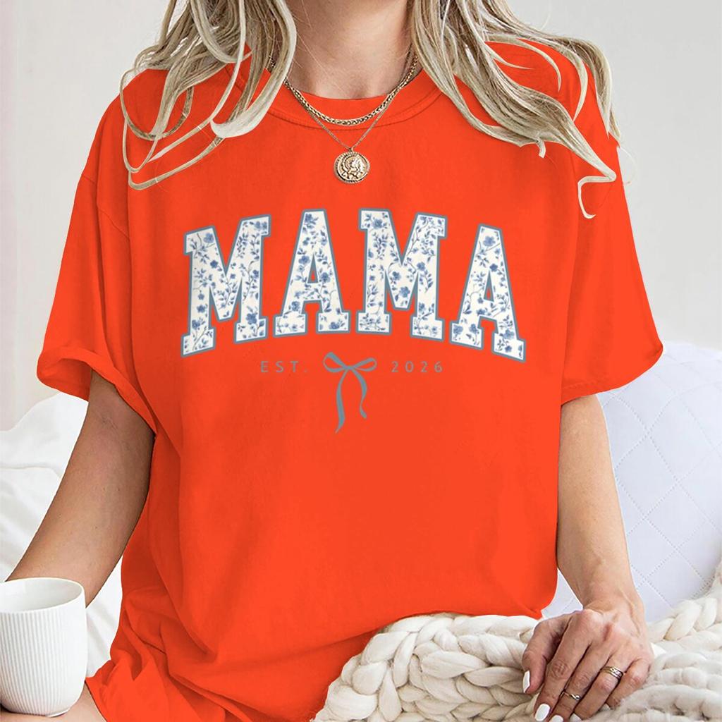Vintage Floral MAMA EST 2026 TShirt Women Coquette Bow Print Casual Short Sleeve Tee New Fashion Mom Gift