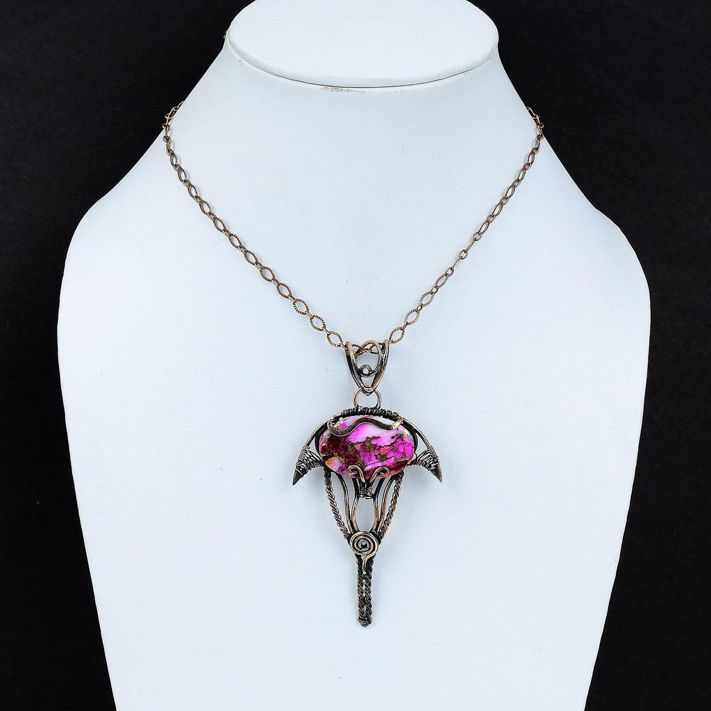 Натуральный Кингман Розовый Георгин Бирюзовый Кулон Обмотанный Медной Проволокой Кулон из Драгоценного Камня Кулон в Этническом Стиле Ручная Работа Медные Украшения Подарок для Нее