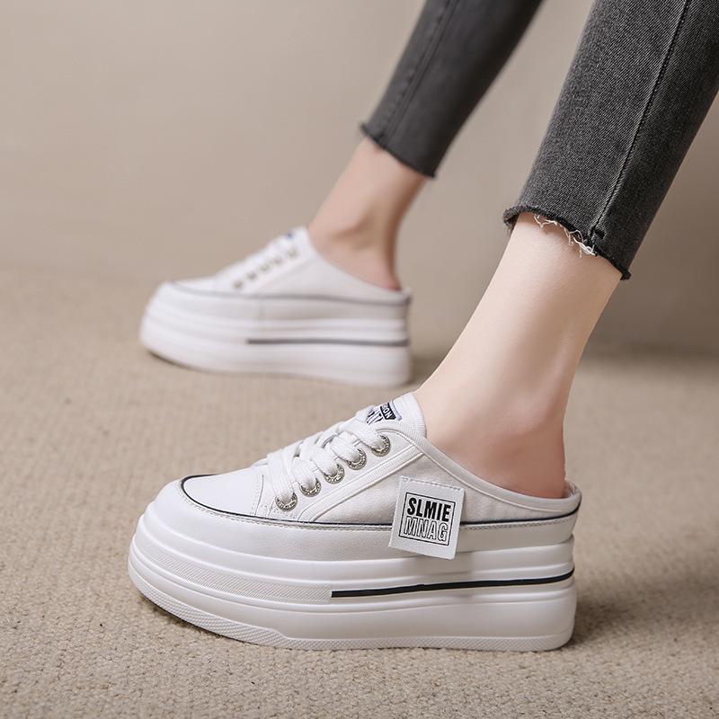 College Style Bag Head Half Slippers Women's 2024 New Heelless Little White Shoes Versatile Thick-soled Inner Height-increasing Sandals