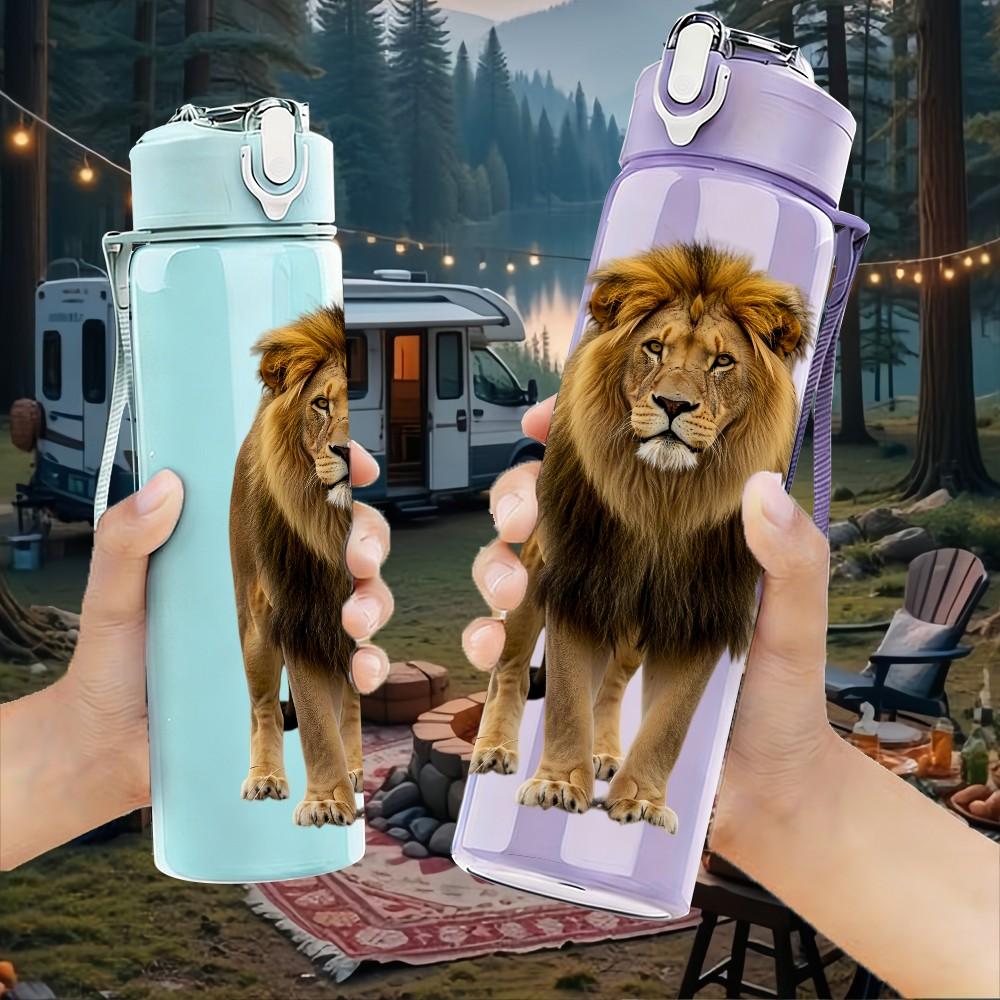 1PC Big Lion King Wild Animal Print 750ml Color Plastic Sports Water Bottle Leakproof Flip Straw Lid Suitable for Sports Office Home Use