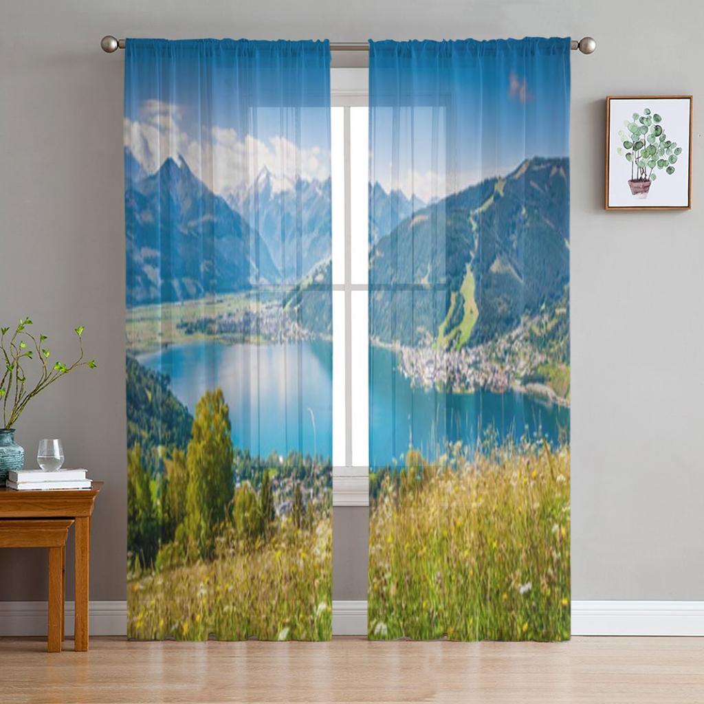 Альпийский пейзаж с вершинами, покрытыми снегом и облаками, прозрачные тюлевые шторы для гостиной, кухни, декор, вуаль, занавеска из органзы