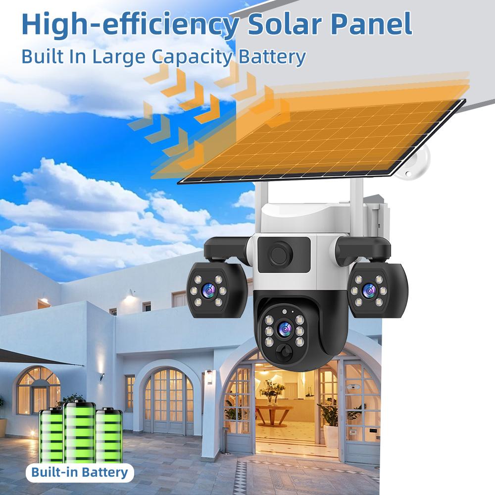 V380 Pro WiFi Солнечная Камера Уличная Тройная Линза PIR Детекция Человека Ночное Видение PTZ Беспроводные IP Камеры CCTV Защита Безопасности