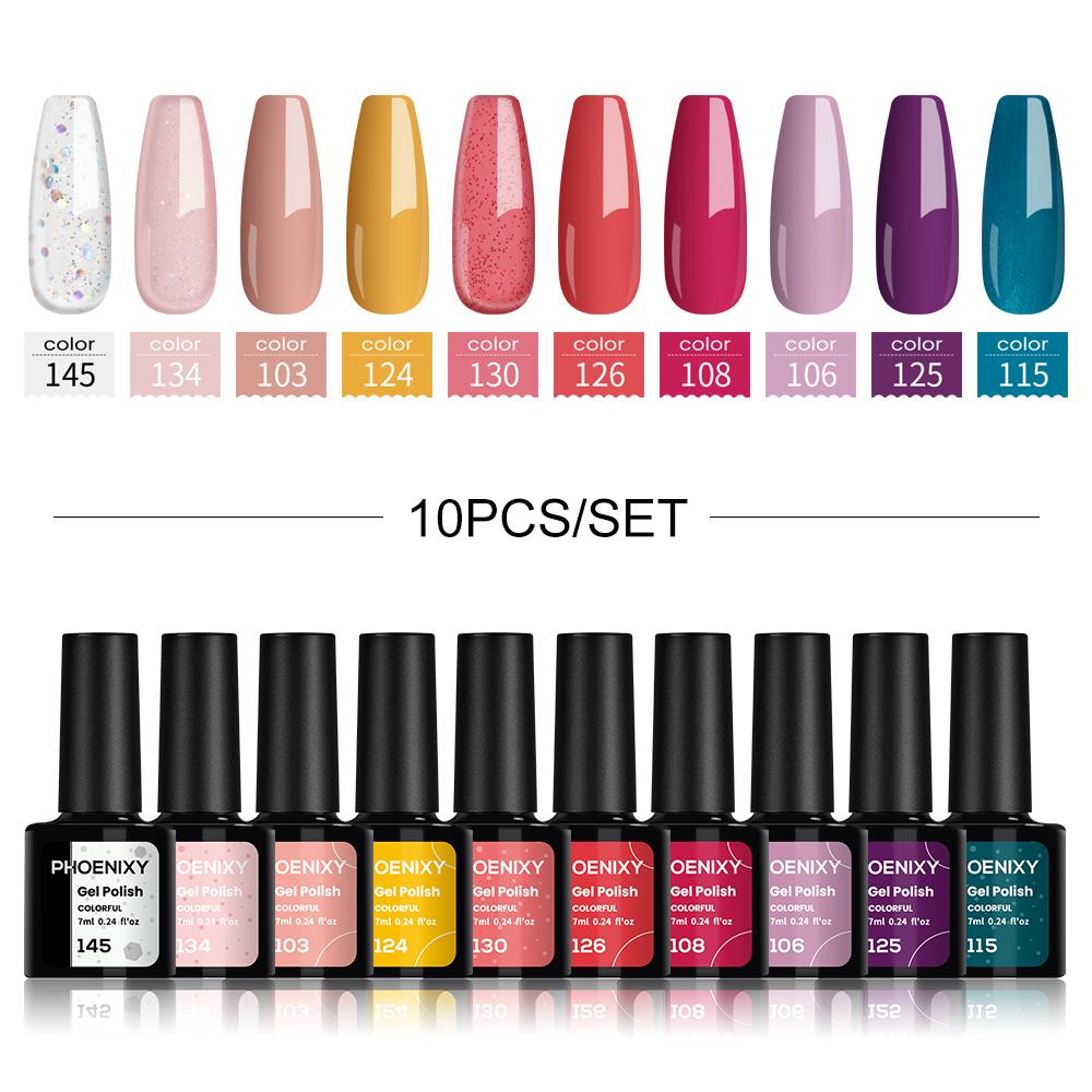 Гель-лак для ногтей PHOENIXY, 10 цветов, замачиваемый УФ-гель для ногтей, стартовый набор для дизайна ногтей, набор блестящих лаков для DIY, дома, гель для маникюра