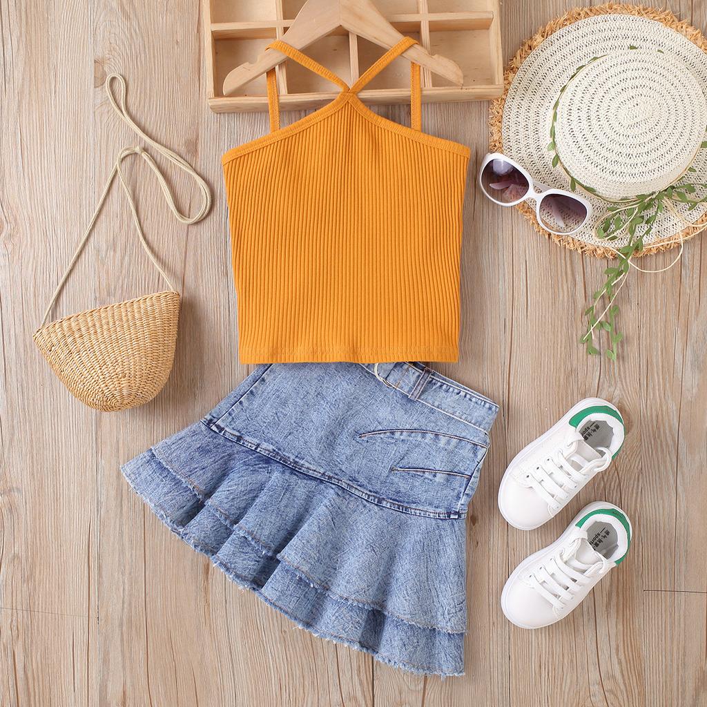 Летний костюм для девочек, однотонный джинсовый костюм с лямками и короткой юбкой
