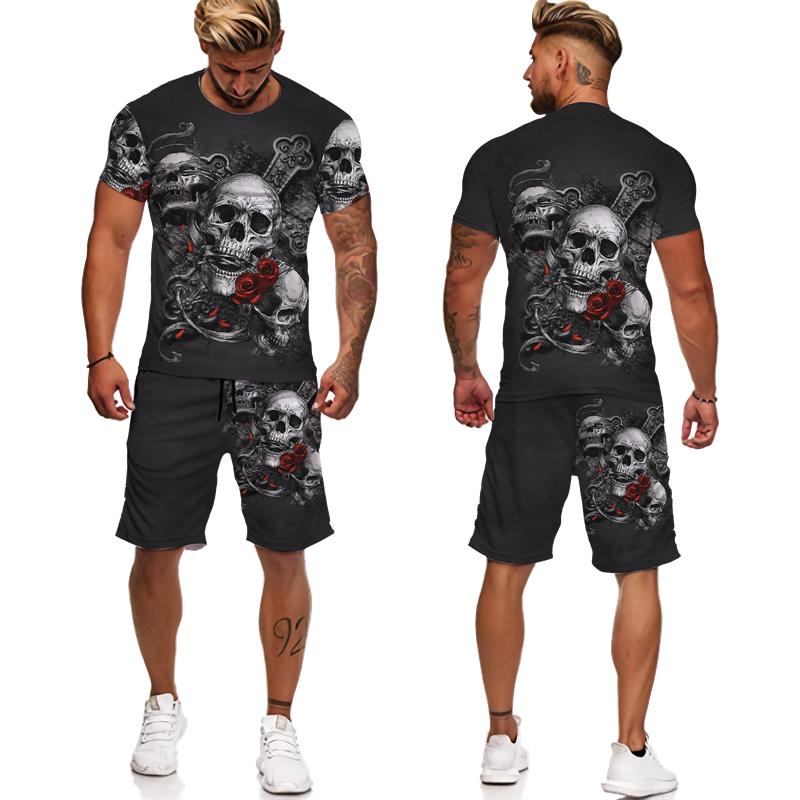 Новинка, футболка/костюм с 3D принтом готического черепа, летние мужские крутые футболки в стиле панк + шорты, индивидуальный спортивный костюм в стиле хип-хоп, уличная одежда