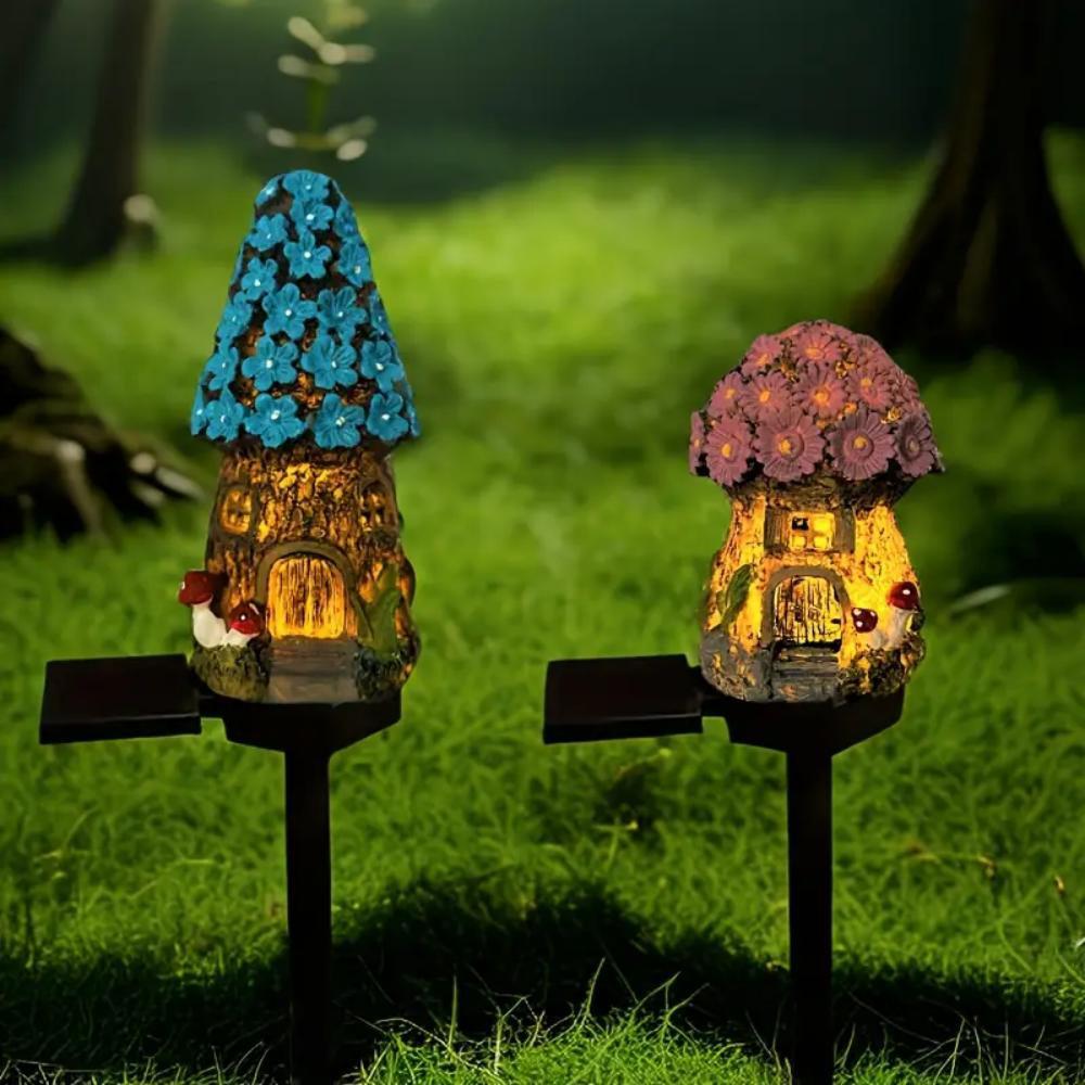1pc Creative Solar Resin Mushroom House Light  Waterproof Small House LED Floor Plug Light for Outdoor Garden Lawn Decoration,