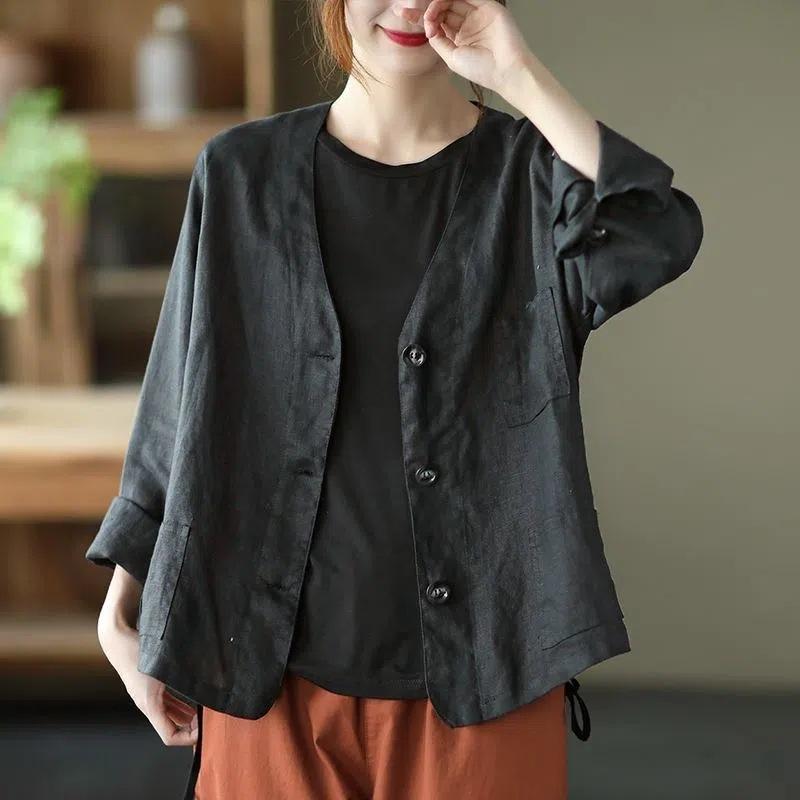 Women's Jacket Spring Cotton Linen Blazer Solid Color Long Sleeve Fashion Casual Coat