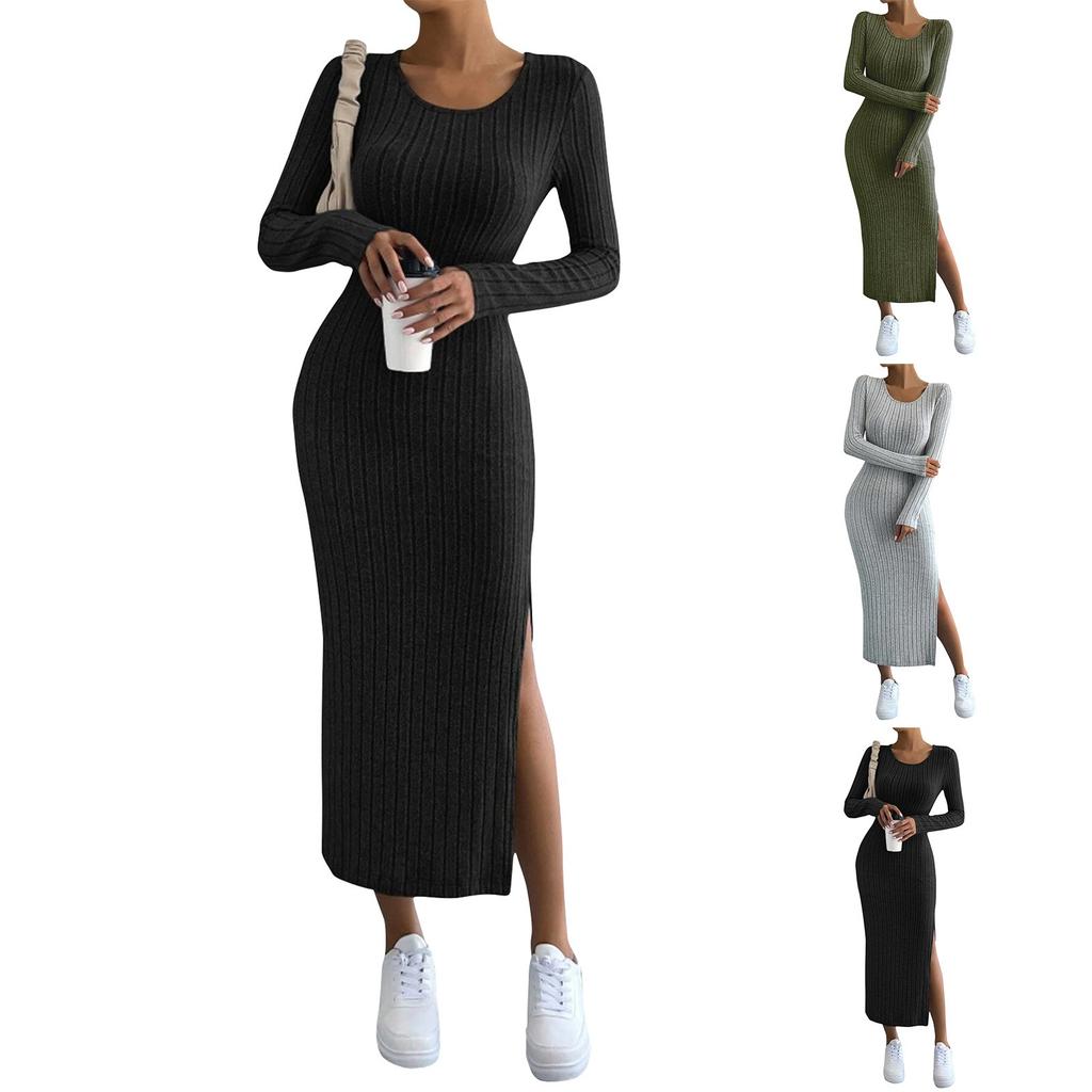 Long Sleeved Round Neck Slit Knitted Long Dress For Women