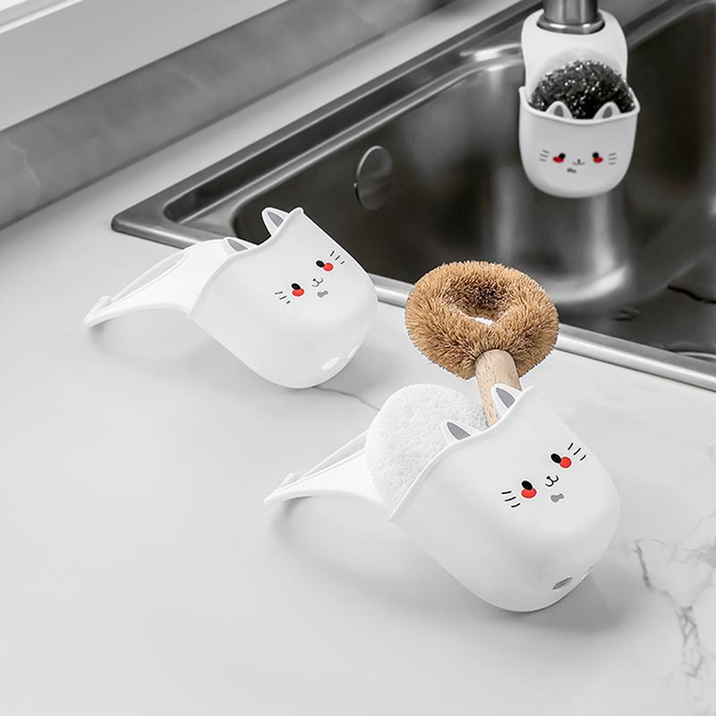 White Cartoon Cat Hanging Basket Soft Snap Fastener Faucet Sponge Holder Silicone Sink Hanging Storage Bag Faucet Accessories