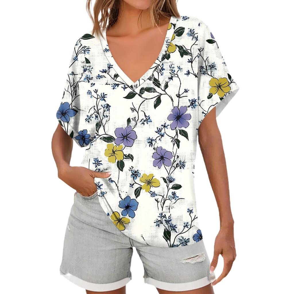 Womens Short Sleeve V-Neck Shirts Floral Print Loose Casual Basic Tees Summer Tops