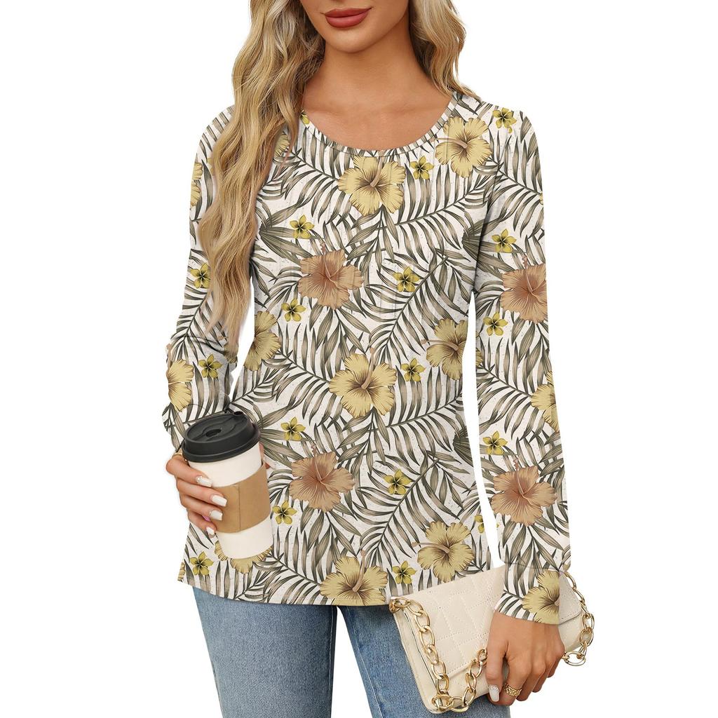 Рубашки с длинным рукавом для женщин, футболки с милым принтом и графикой, блузки, нарядные повседневные блузки, плиссированные топы-туники с овальным вырезом