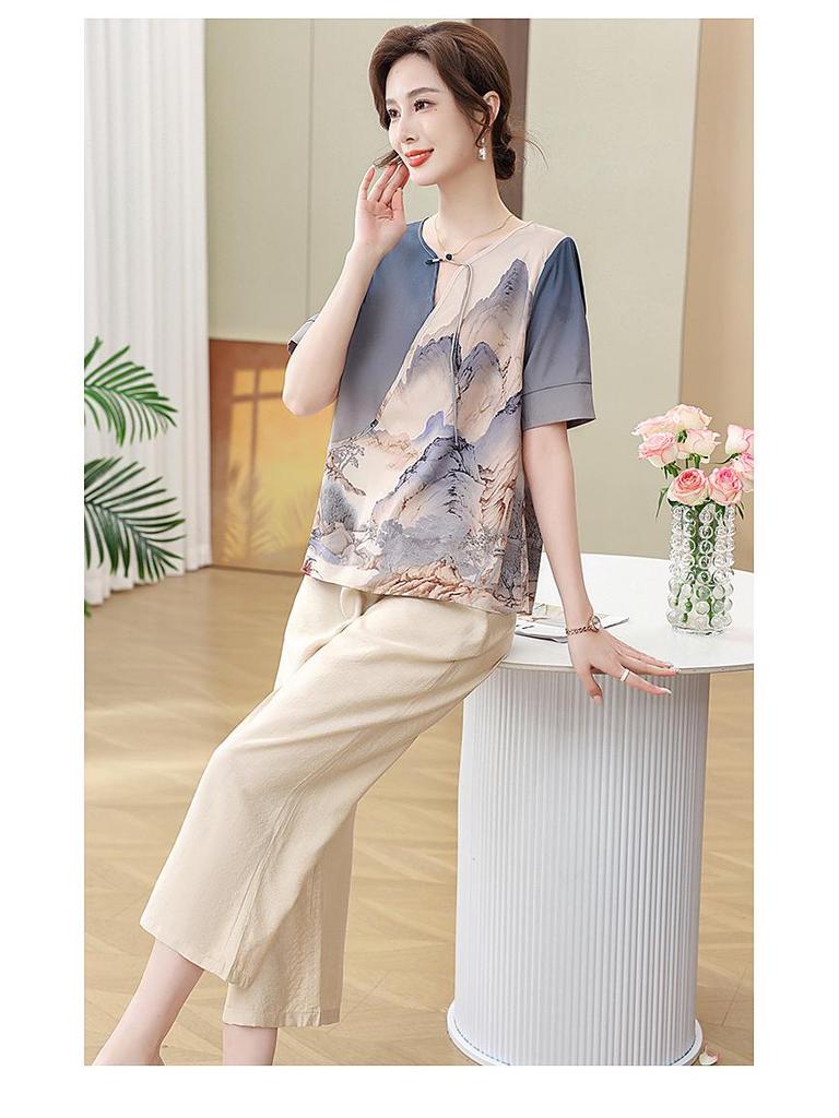 Летний комплект блузки с коротким рукавом для мамы: Стильный топ 2025 года для женщин среднего и пожилого возраста