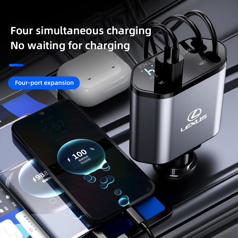 Retractable Car Charger, 4 in 1 Fast Charging Car Charger 120W For Lexus FSPORT LBX NX RX 350h 450h ES UX 300e GS GX IS LS LX