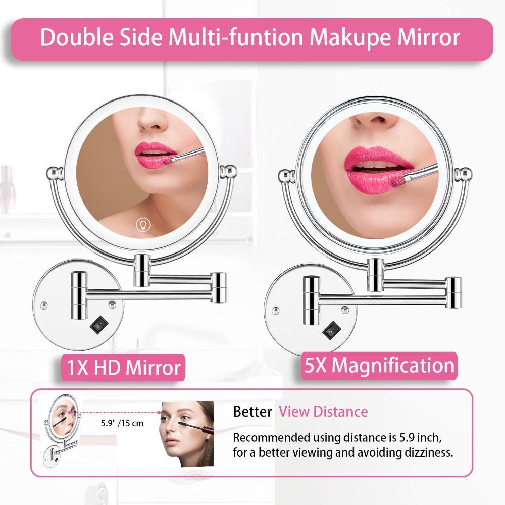 Wall-mounted lighted makeup mirror, 8-inch double-sided 1x and 5x magnification, for bathroom use, 11-inch extendable arm, 360° rotation