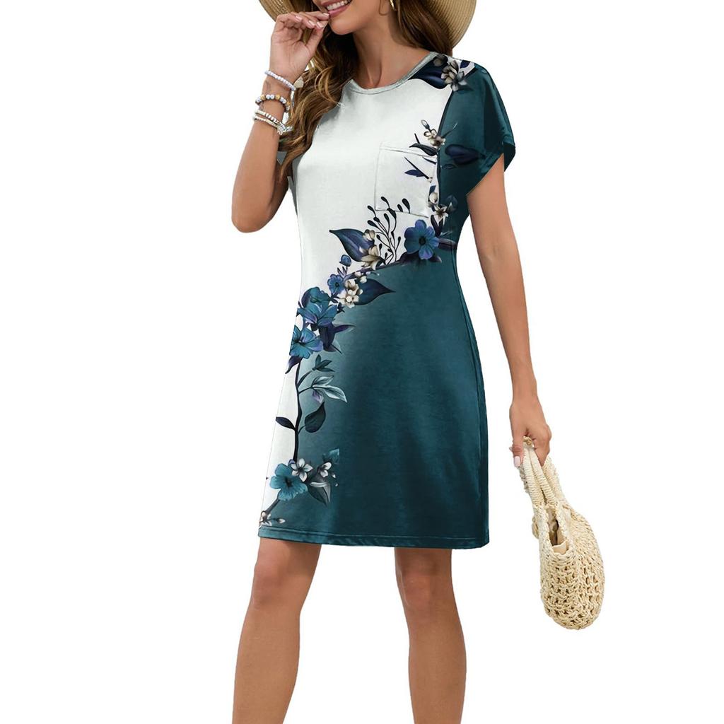 Женское модное повседневное летнее платье с цветочным принтом в стиле ретро и коротким рукавом и круглым вырезом
