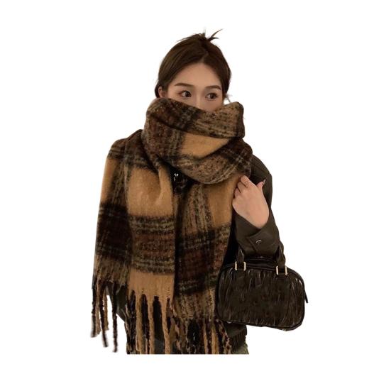 Winter Scarf Cashmere Feel Plush Scarf with Tassel Decoration Thickened Warm Plaid Pattern Winter