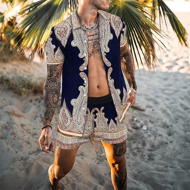 2022 Summer European & American Men's Casual Loose Short-sleeved Shirt & Shorts Beach Set