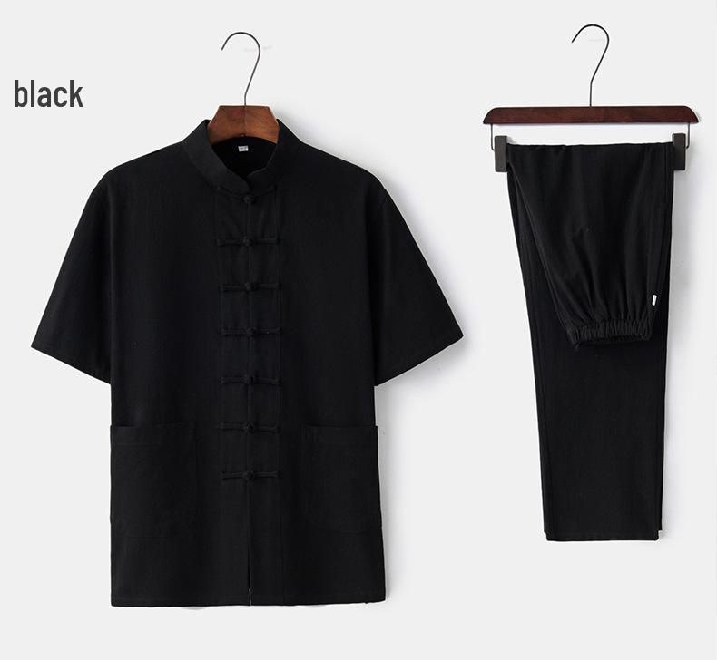 Мужской летний костюм для тай-чи из хлопка и льна – Комплект костюма тан с коротким рукавом