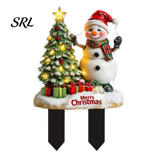 Double Sided Holiday Yard Stakes Santa Claus Garden Stake, Christmas Acrylic Snowman Sign, 2D Winter Festive Art Flat Snowy Cottage Ornament for Lawn