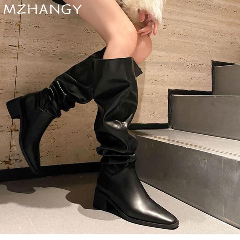Женские высокие сапоги на среднем каблуке, кожаные массивные плиссированные туфли, женская мода 2024 года, модные ботинки челси, зимние элегантные зимние ботинки Botas Mujer