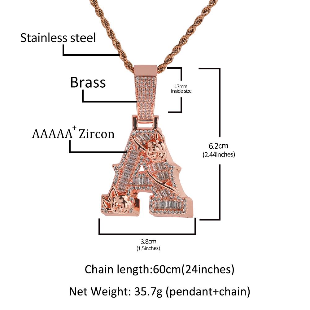 THE BLING KING Custom 3D Rose Flower Initial Letters Pendant Necklace Iced Out Baguettecz Name HipHop Jewelry Gift For Men Women