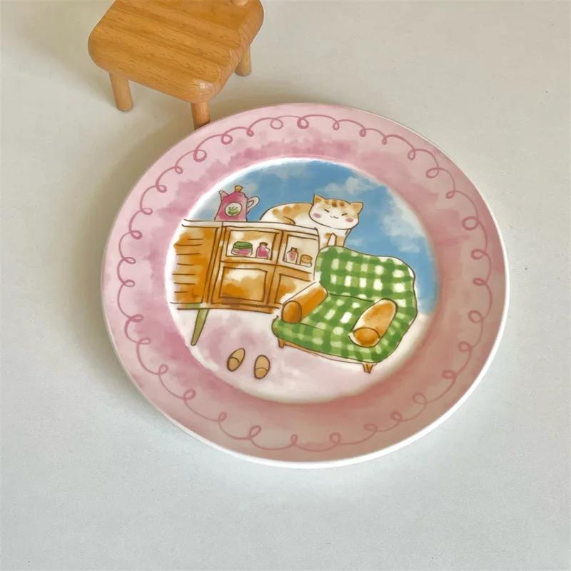 Милая и игривая мультяшная керамическая тарелка корейская высокая эстетика бытовая посуда десертная тарелка салатная тарелка для завтрака керамическая плоская