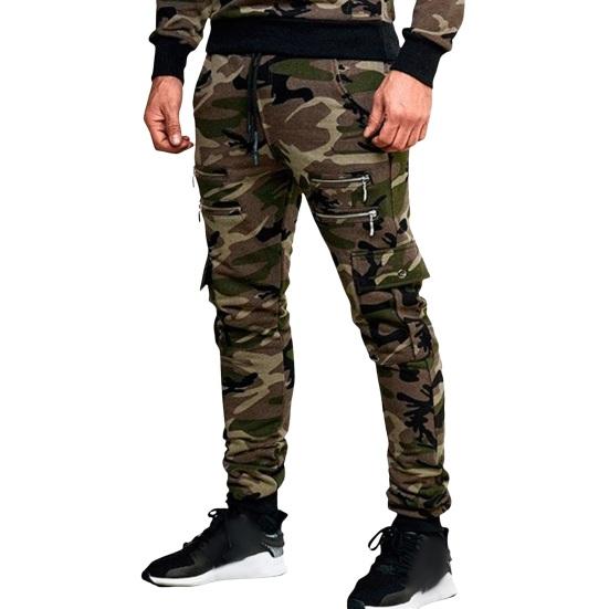 Men Cargo Pants Drawstring Elastic Waist Camouflage Print Multi Zippered Pockets Ankle-banded Slim Fit Casual Daily Wear
