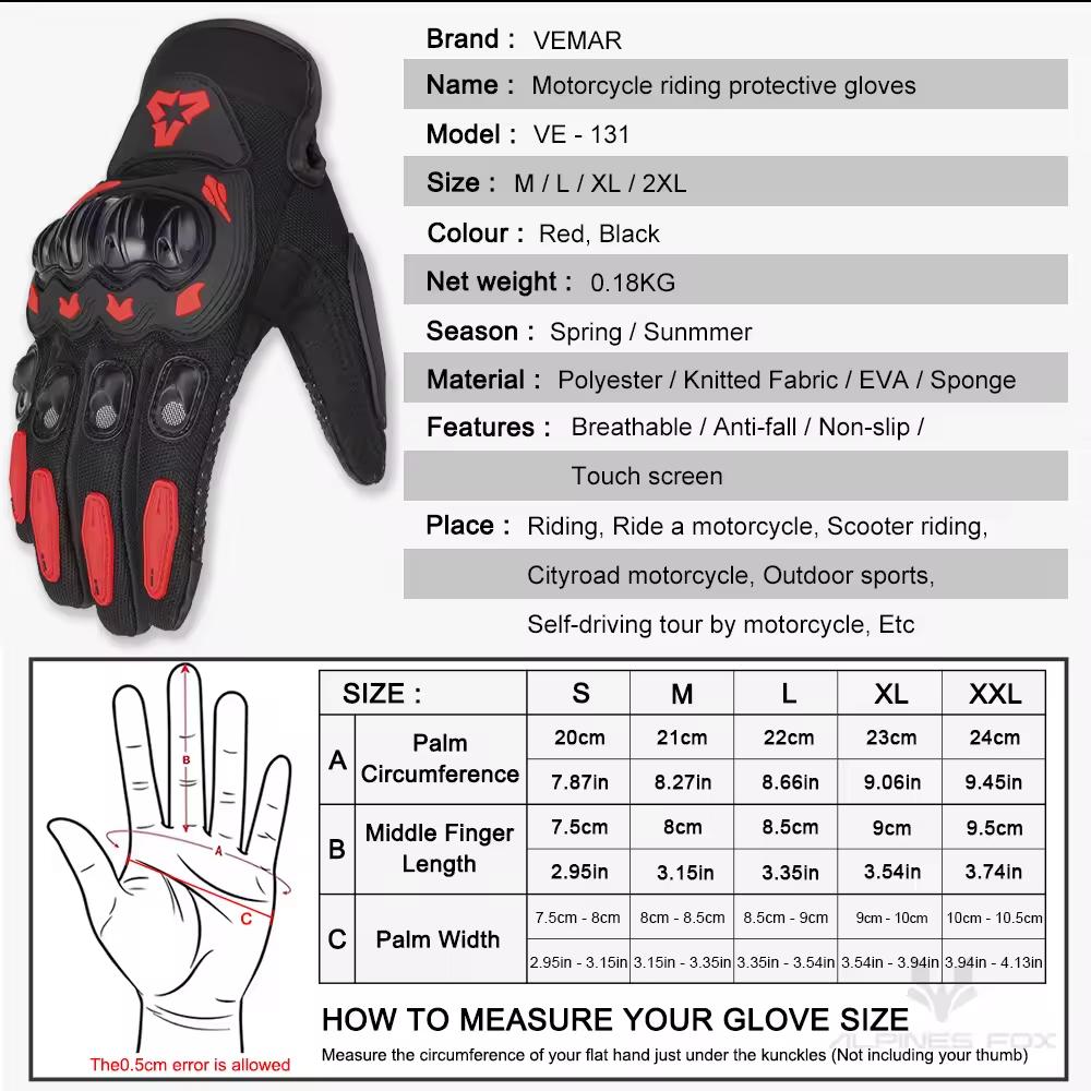 VEMAR Summer Motorcycle Gloves Men Black Full Finger Touchscreen Cycling ATV MTB Guantes Moto Luvas Bike Riding Glove Women Red