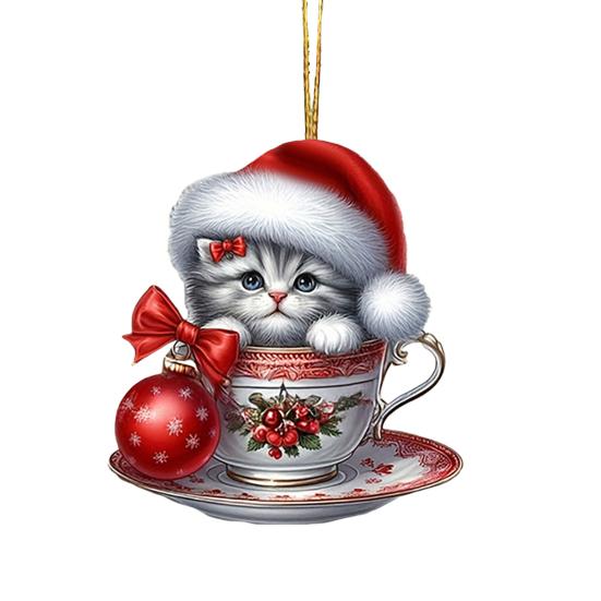 Acrylic Teacup Cat Hanging Ornaments Cute Cartoon Cat Christmas Ornament 2D Flat Car Mirror