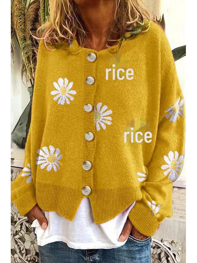 Женский вязаный кардиган с вышитыми хризантемами осень-зима - повседневный, простой, модный, элегантный свитер