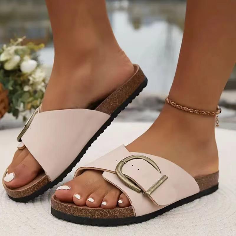 Fashion Kidmi 2025 Women Slippers Cork Sole Fashion Women Single Buckle Flip Flops Open Toe Beach Sandals Leisure Fashion House Slippers